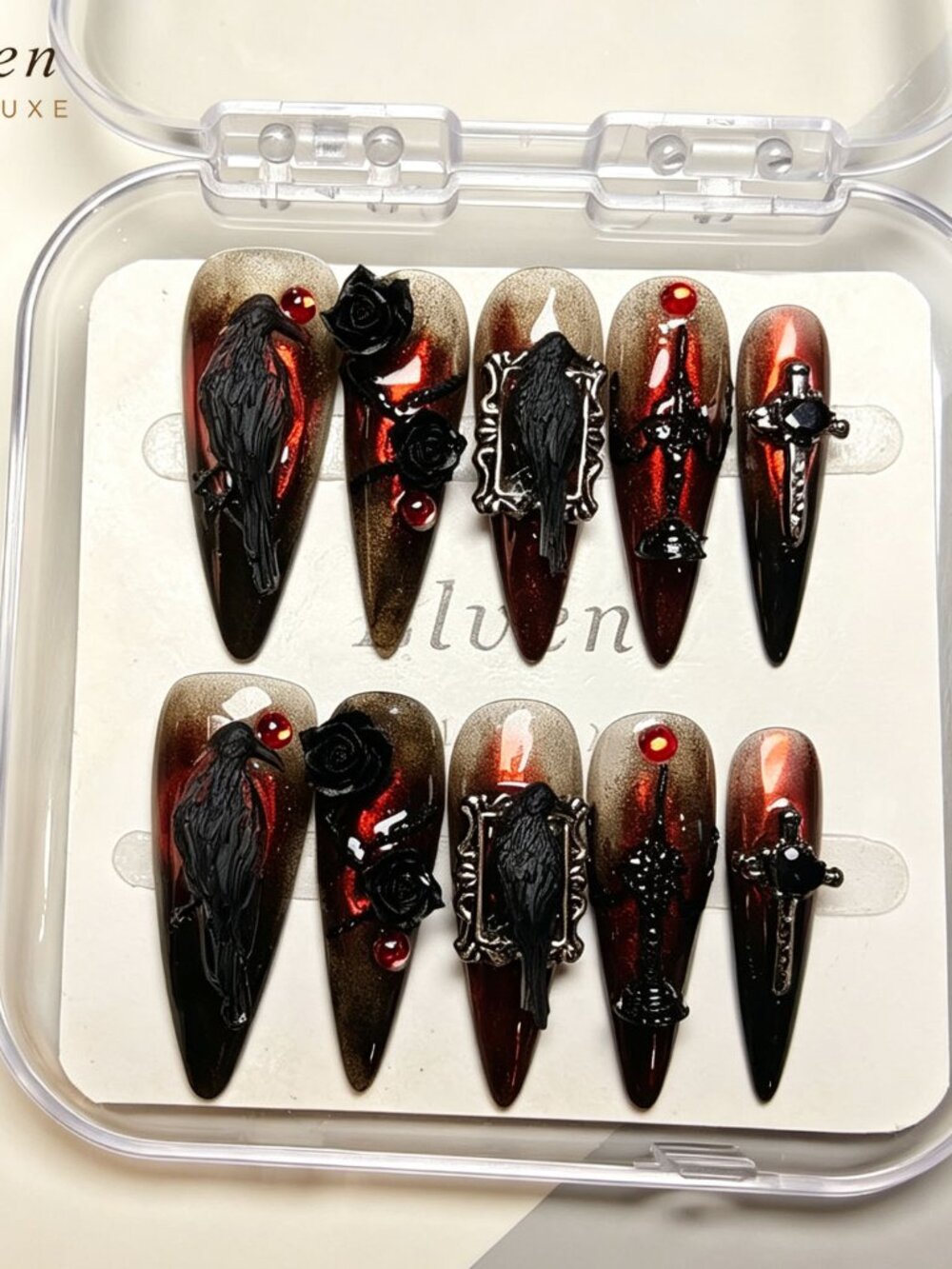 Dark Gothic Raven Stiletto Press On Nails with Black Rose & Red Brown Gradient